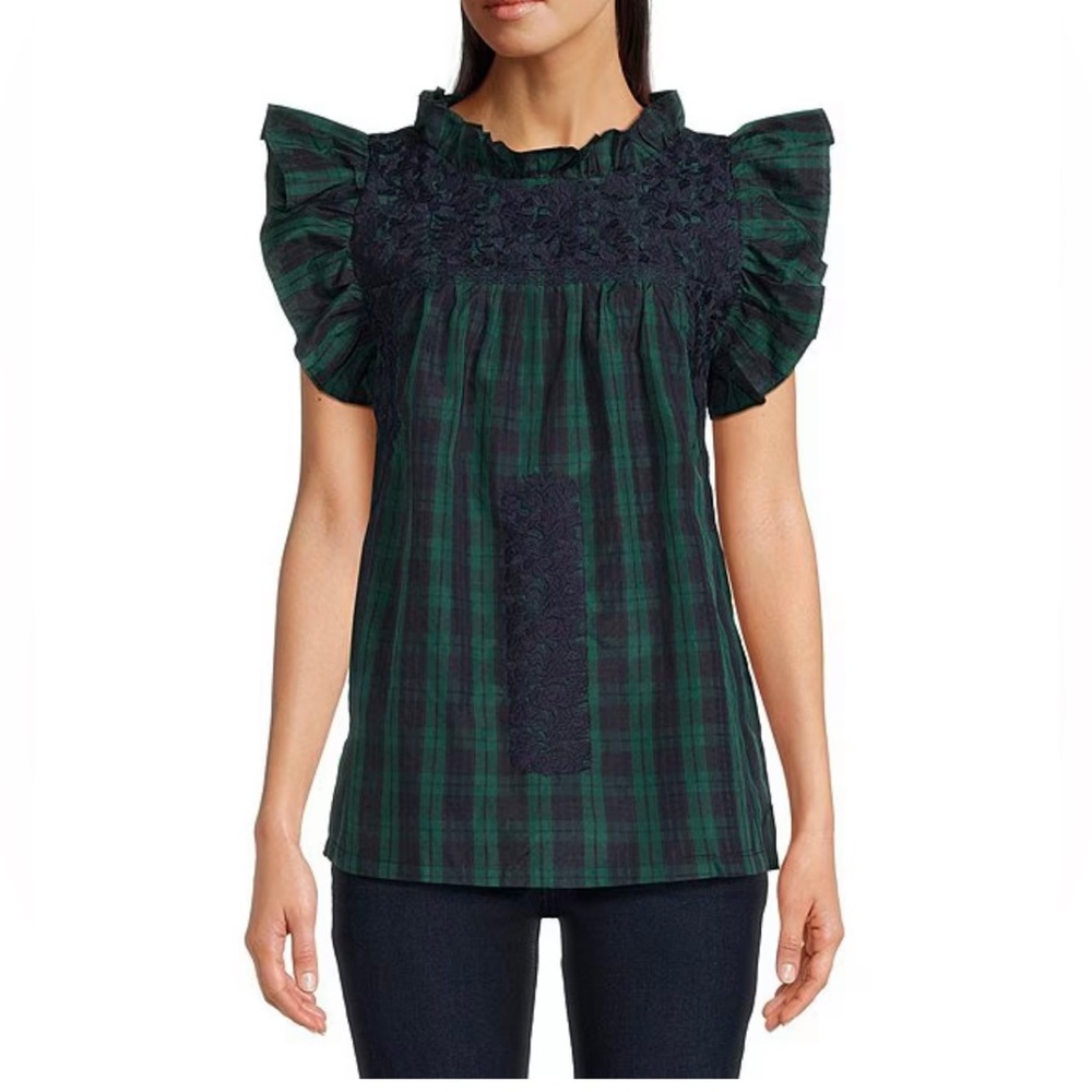 J.Marie Joyce Ruffle Neck Plaid Top XL